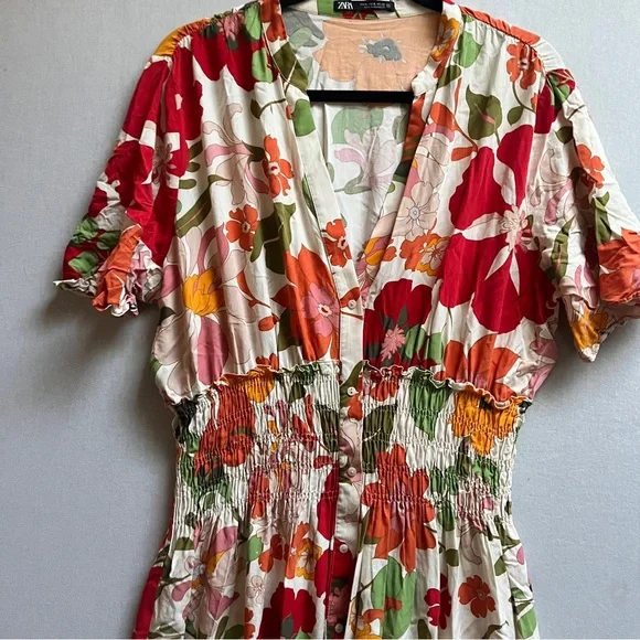 Zara Floral Smocked Waist Midi Dress Button Front XL - Picture 6 of 12